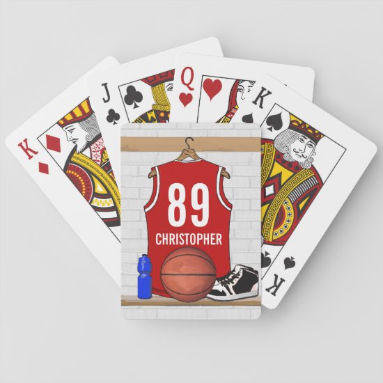 Personalized Red and White Basketball Jersey Playing Cards