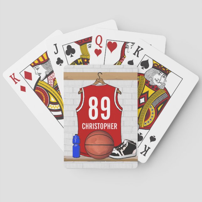 Personalized Red and White Basketball Jersey Poker Cards (Back)