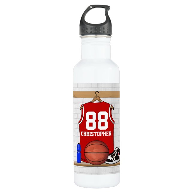 Personalized Red and White Basketball Jersey Water Bottle (Front)