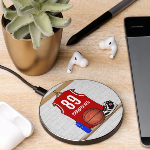 Personalized Red and White Basketball Jersey Wireless Charger