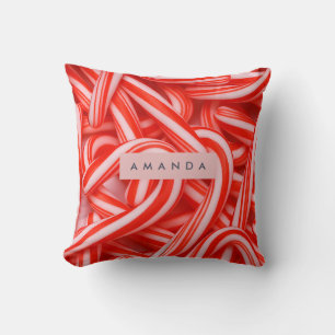 Personalized Red and White Candy Cane Throw Pillow