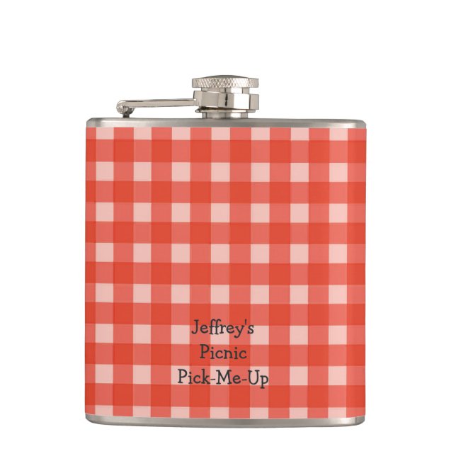 Personalized Red and White Checked Retro Flask (Front)