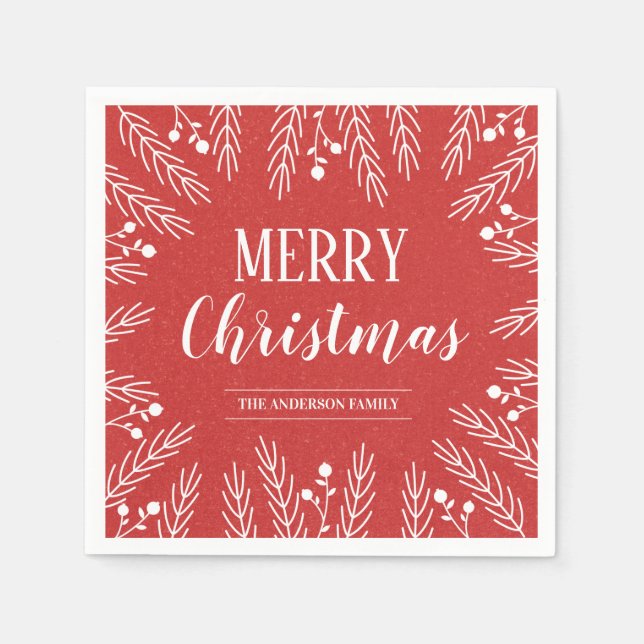 Personalized Red and White Foliage Merry Christmas Napkins (Front)
