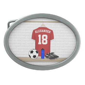 Personalized Red And White Football Soccer Jersey Belt Buckle by giftsbonanza at Zazzle