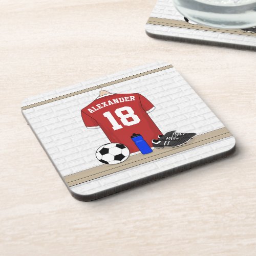 Personalized Red and White Football Soccer Jersey Beverage Coaster