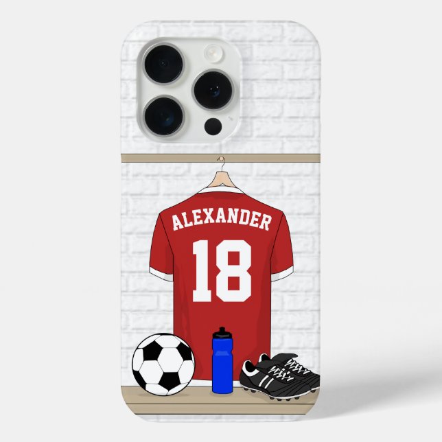 Personalized Red and White Football Soccer Jersey Case-Mate iPhone Case (Back)
