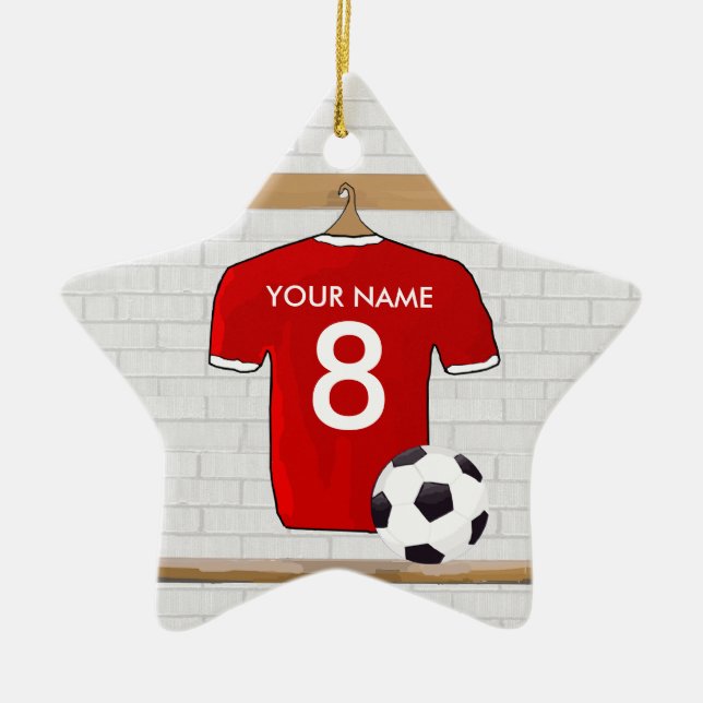 Personalized Red and White Football Soccer Jersey Ceramic Ornament (Front)