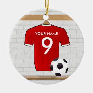 Personalized Red and White Football Soccer Jersey Ceramic Ornament