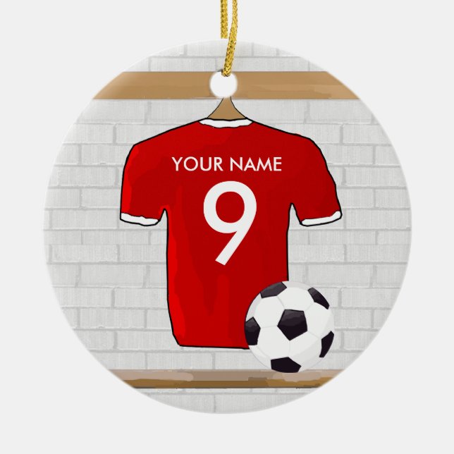 Personalized Red and White Football Soccer Jersey Ceramic Ornament (Front)