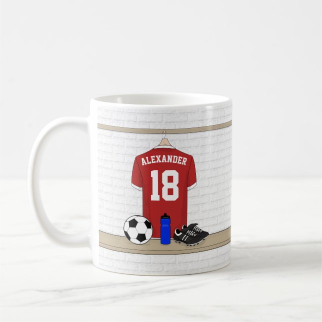 Personalized Red and White Football Soccer Jersey Coffee Mug (Left)