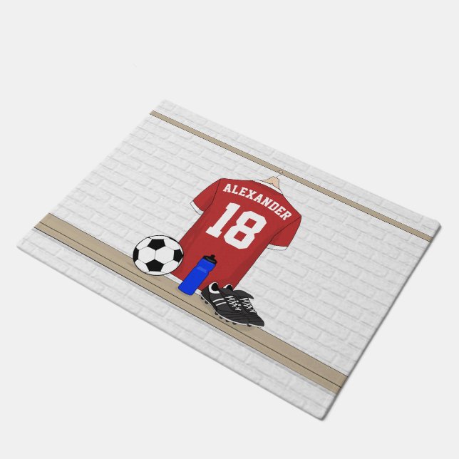 Personalized Red and White Football Soccer Jersey Doormat (Angled)