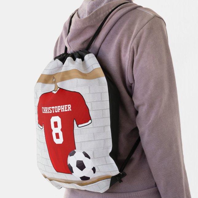 Personalized Red and White Football Soccer Jersey Drawstring Bag (Insitu)