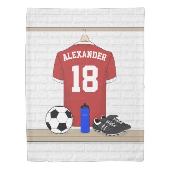 Personalized Red And White Football Soccer Jersey Duvet Cover by giftsbonanza at Zazzle