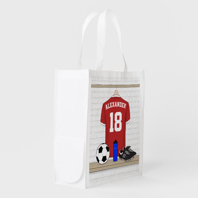 Personalized Red and White Football Soccer Jersey Grocery Bag (Front Side)