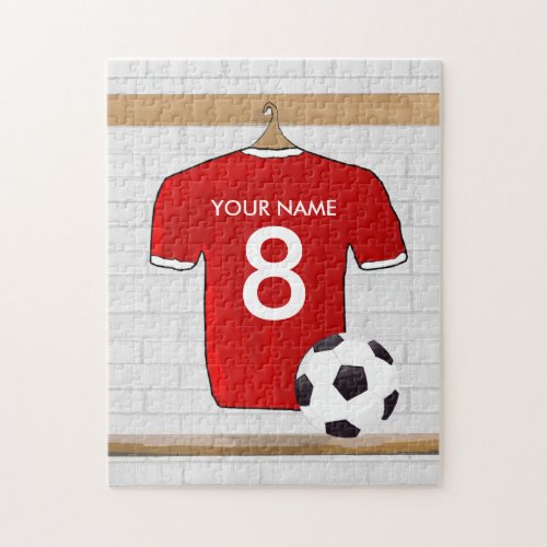 Personalized Red and White Football Soccer Jersey Jigsaw Puzzle