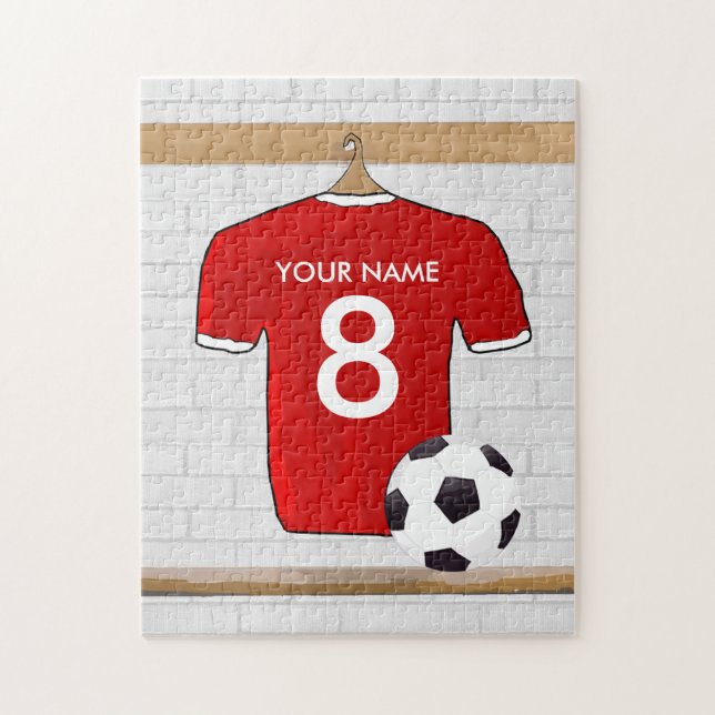 Personalized Red and White Football Soccer Jersey Jigsaw Puzzle (Vertical)
