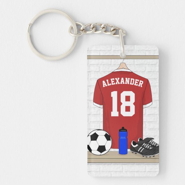 Personalized Red and White Football Soccer Jersey Keychain (Front)