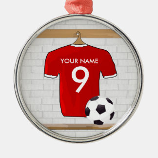 Personalized Red and White Football Soccer Jersey Metal Ornament
