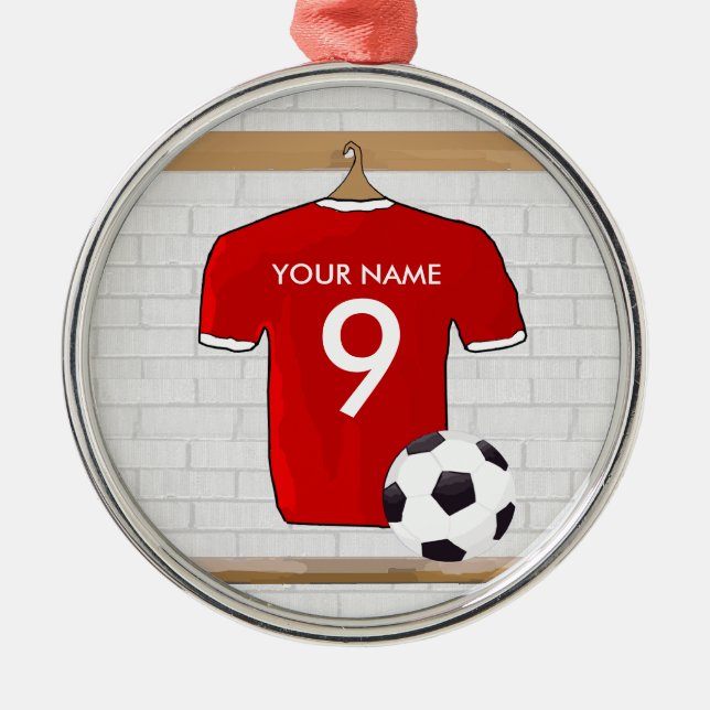 Personalized Red and White Football Soccer Jersey Metal Ornament (Front)