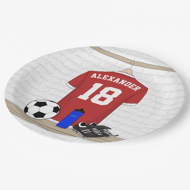Personalized Red and White Football Soccer Jersey Paper Plates (Angled)