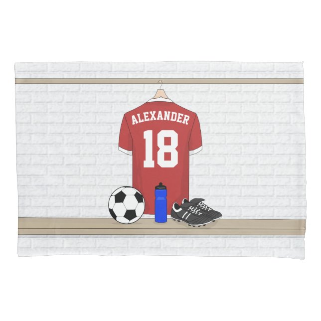 Personalized Red and White Football Soccer Jersey Pillow Case (Front)