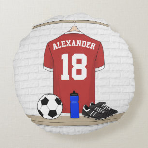 Personalized Red and White Football Soccer Jersey Round Pillow