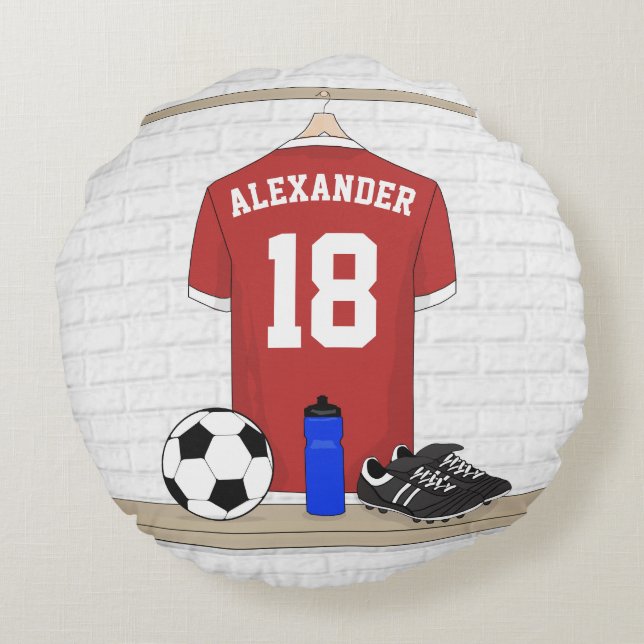 Personalized Red and White Football Soccer Jersey Round Pillow (Back)