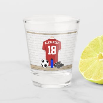 Personalized Red And White Football Soccer Jersey Shot Glass by giftsbonanza at Zazzle