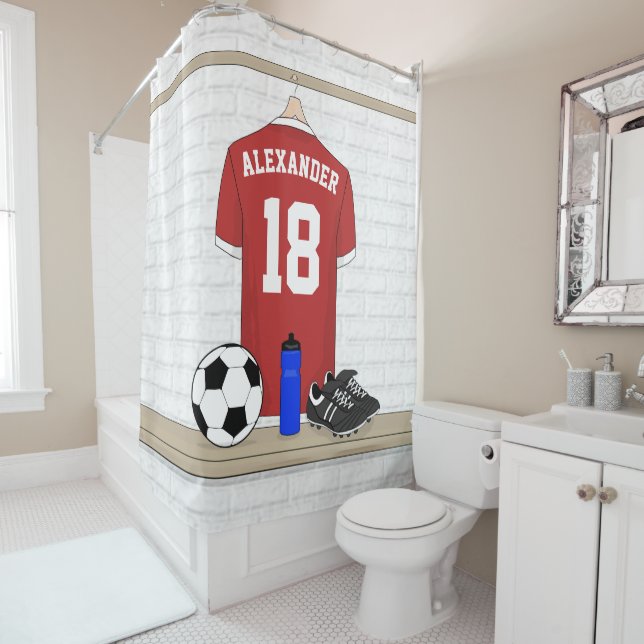 Personalized Red and White Football Soccer Jersey Shower Curtain (In Situ)