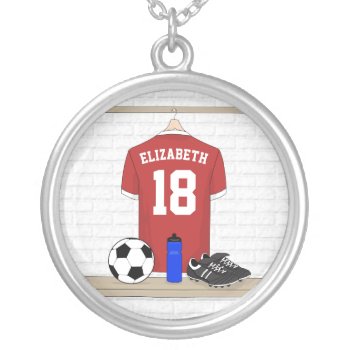 Personalized Red And White Football Soccer Jersey Silver Plated Necklace by giftsbonanza at Zazzle