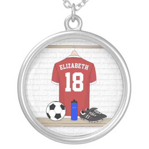 Personalized Red and White Football Soccer Jersey Silver Plated Necklace