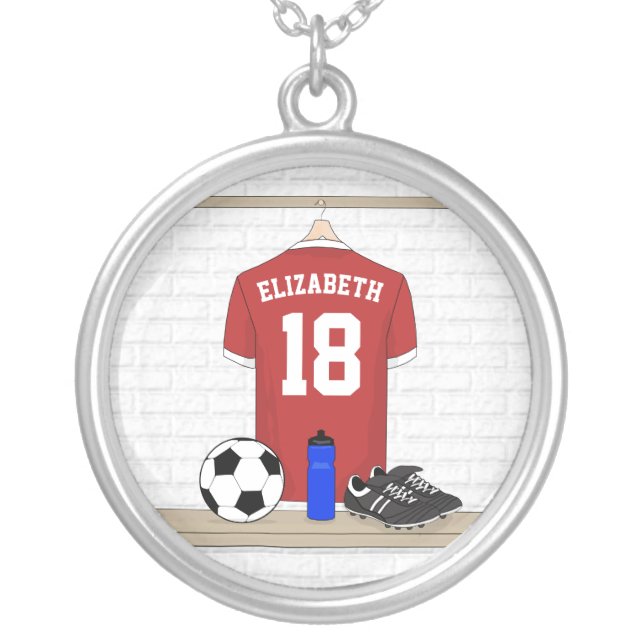Personalized Red and White Football Soccer Jersey Silver Plated Necklace (Front)