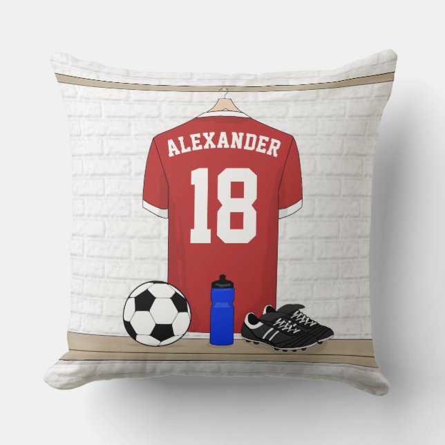 Personalized Red and White Football Soccer Jersey Throw Pillow (Front)