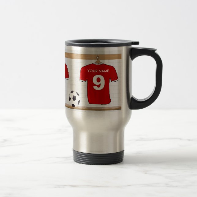 Personalized Red and White Football Soccer Jersey Travel Mug (Right)