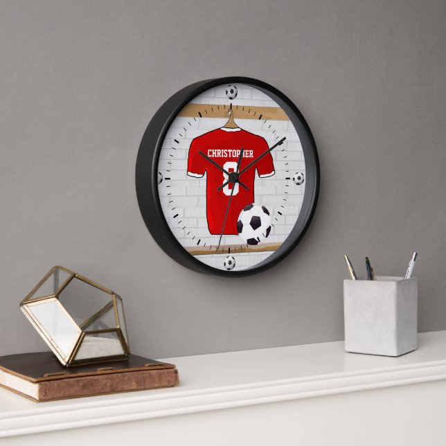 Personalized Red and White Football Soccer Jersey Wall Clock (Office)