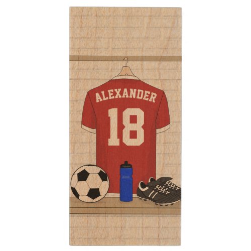 Personalized Red and White Football Soccer Jersey Wood Flash Drive