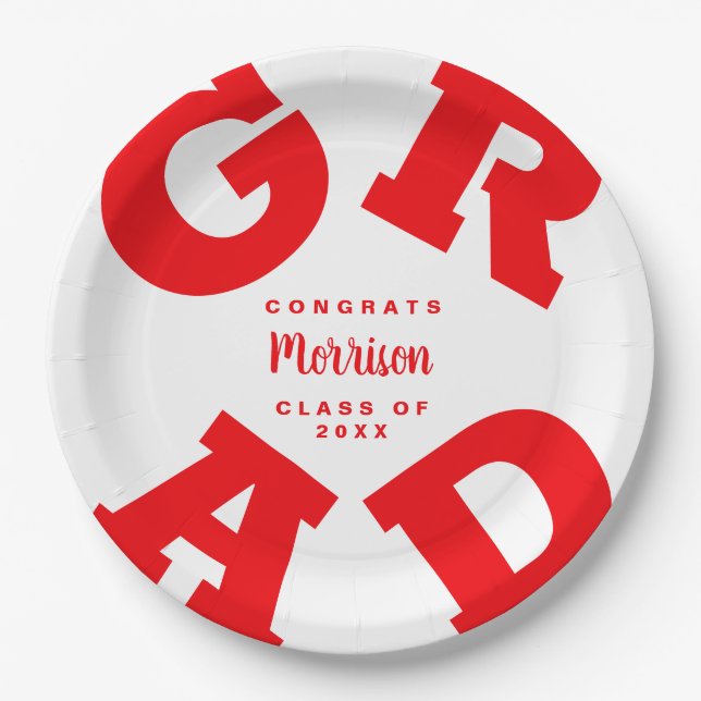 Personalized Red and White Graduation Paper Plates (Front)