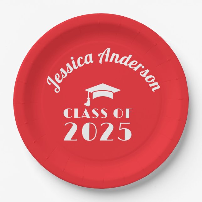 Personalized Red and White Graduation  Paper Plates (Front)