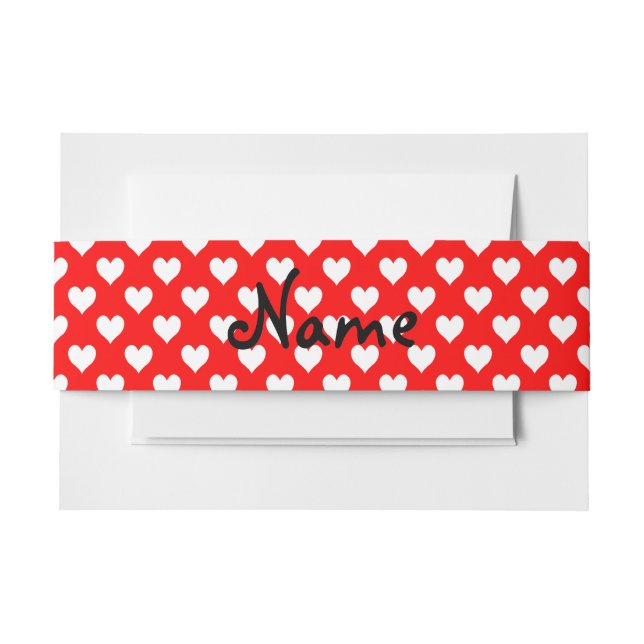 Personalized Red and White Heart Pattern Invitation Belly Band (Front Example)