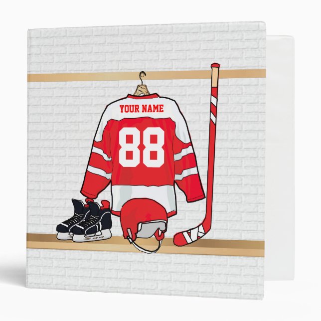 Personalized Red and White Ice Hockey Jersey 3 Ring Binder (Front/Inside)