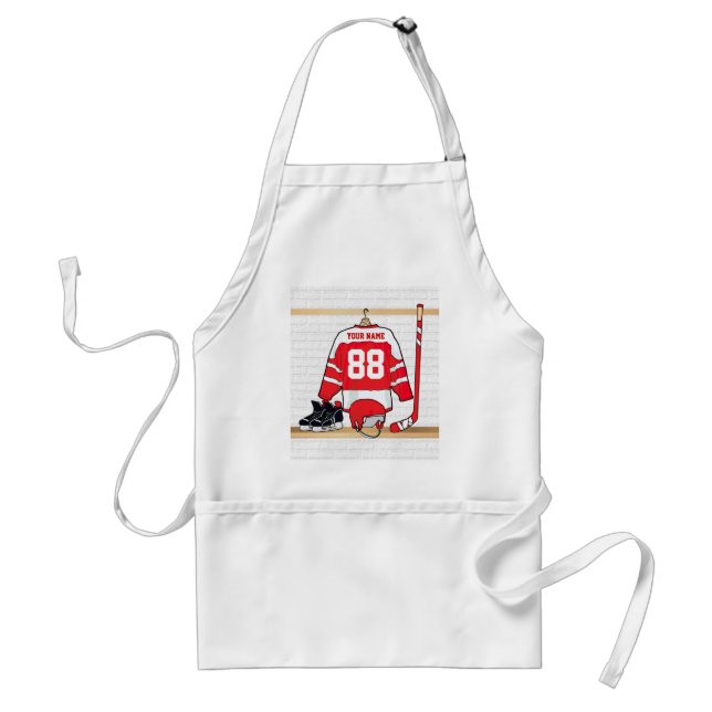 Personalized Red and White Ice Hockey Jersey Adult Apron (Front)