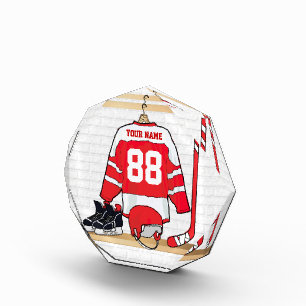 Personalized Red and White Ice Hockey Jersey Award