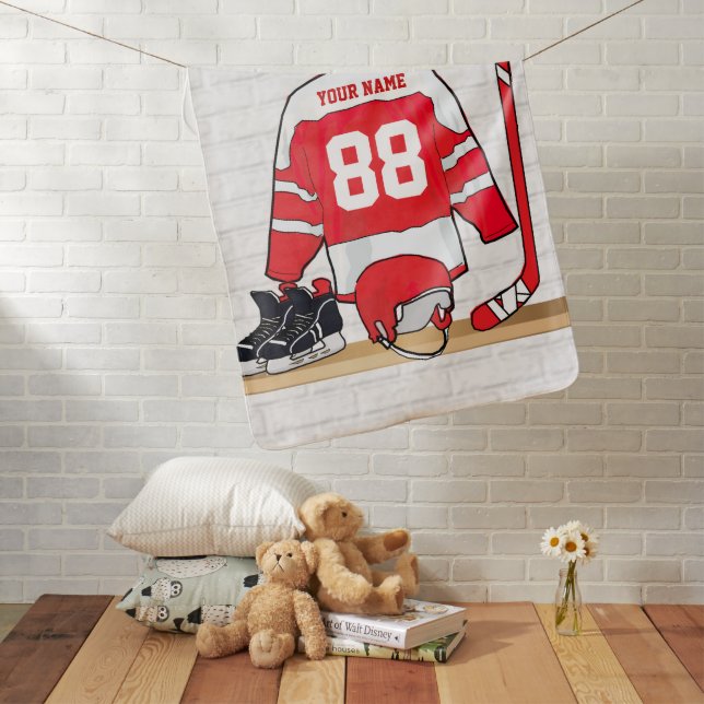 Personalized Red and White Ice Hockey Jersey Baby Blanket (In Situ)