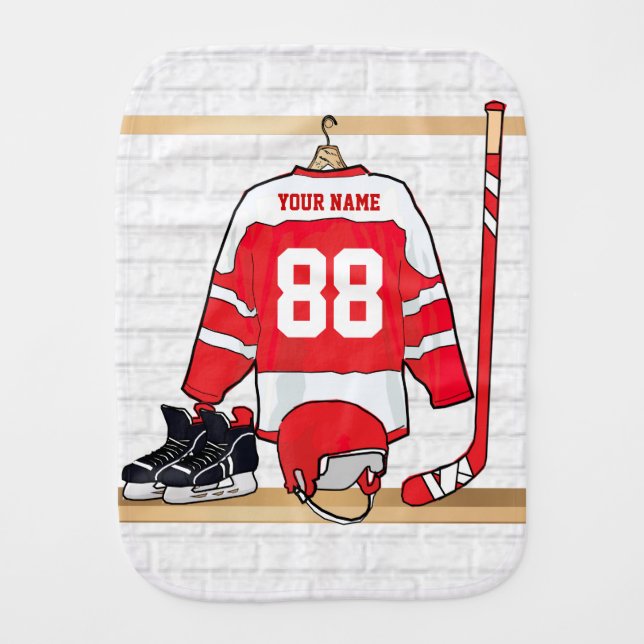 Personalized Red and White Ice Hockey Jersey Baby Burp Cloth (Front)