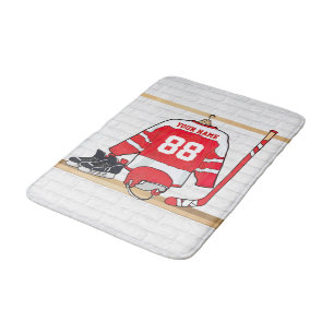 Personalized Red and White Ice Hockey Jersey Bath Mat