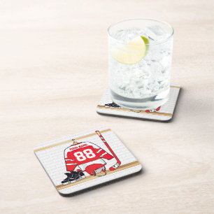 Personalized Red and White Ice Hockey Jersey Beverage Coaster