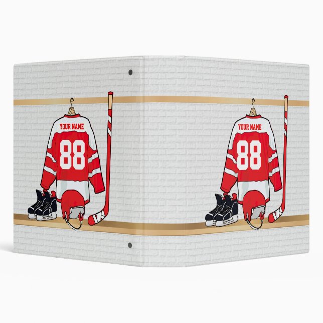 Personalized Red and White Ice Hockey Jersey Binder (Background)