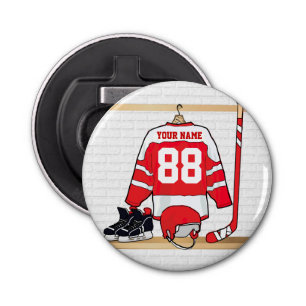 Personalized Red and White Ice Hockey Jersey Bottle Opener