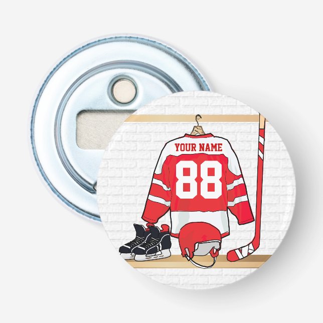 Personalized Red and White Ice Hockey Jersey Bottle Opener (Front)