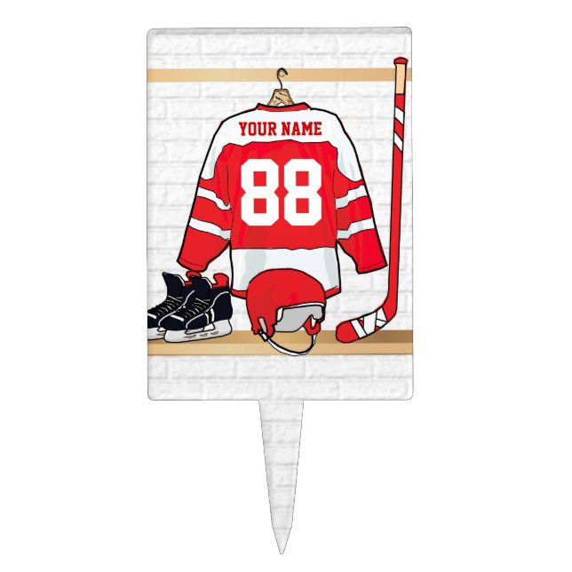 Personalized Red and White Ice Hockey Jersey Cake Topper (Front)